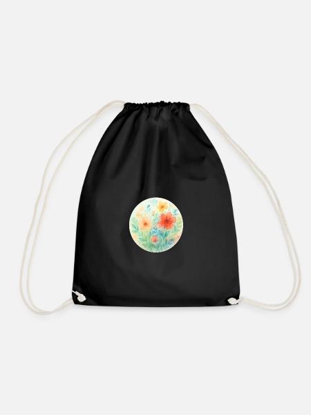 Pastel Watercolor Flowers Circle - Drawstring Bag - black