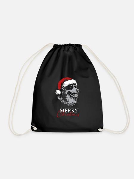 Australian Shepherd Merry Christmas, Dog Head - Drawstring Bag - black