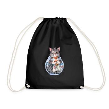 Niedliche Katze Klaut Fisch Fischen Geschenk - Turnbeutel - Schwarz - Vorne