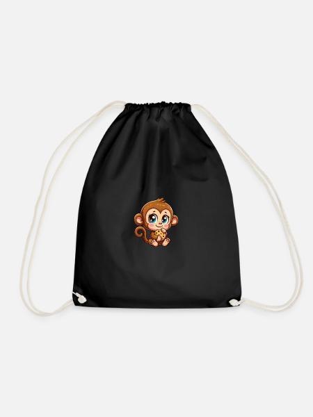 Cute monkey chimpanzee nibbling cookies cartoon - Drawstring Bag - black
