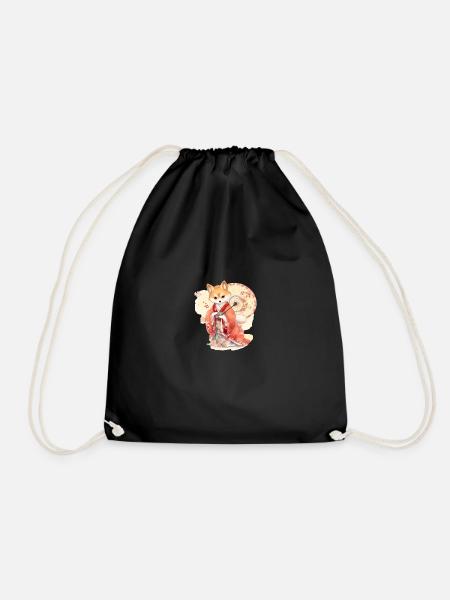 Japanese dog Shiba Inu in kimono with flowers - Drawstring Bag - black