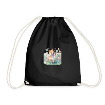 Japanese dog Shiba Inu colorful watercolor soccer - Drawstring Bag - black - Front