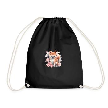 Japanese dog Shiba Inu cherry blossom watercolor - Drawstring Bag - black - Front