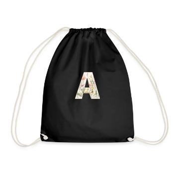 Buchstabe A, Monogramm, Blumenmuster - Turnbeutel - Schwarz - Vorne