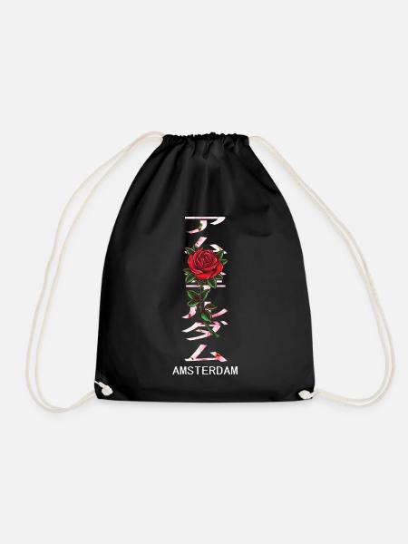 Amsterdam in Japanese with roses and cherry blossoms - Drawstring Bag - black