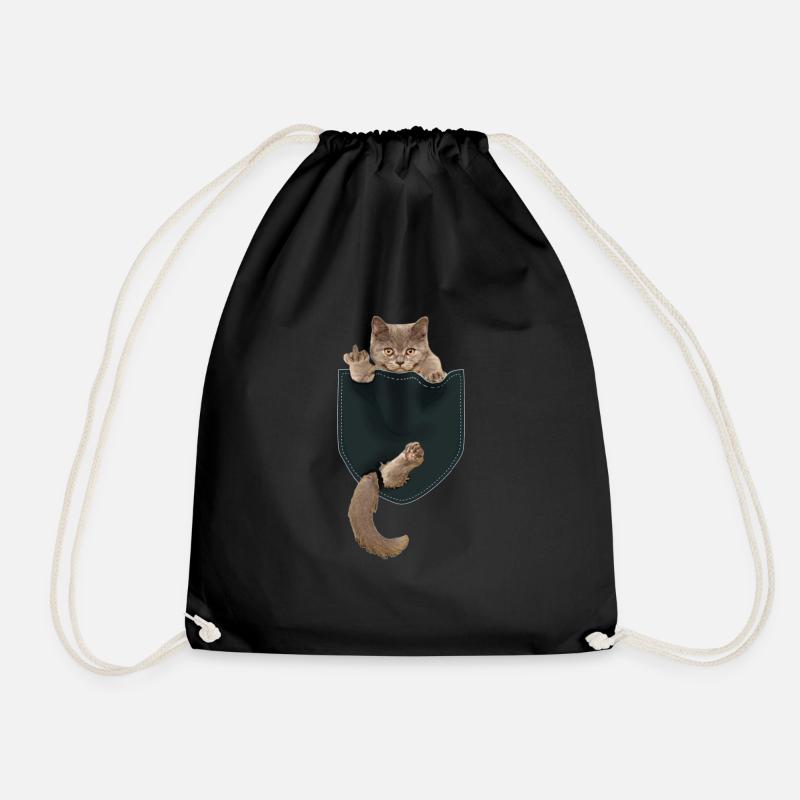 Funny cat in pocket shows middle finger - Drawstring Bag - black