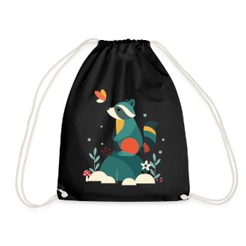 Raccoon & Butterfly Cute Woodland Animal Motif - Drawstring Bag - black - Front