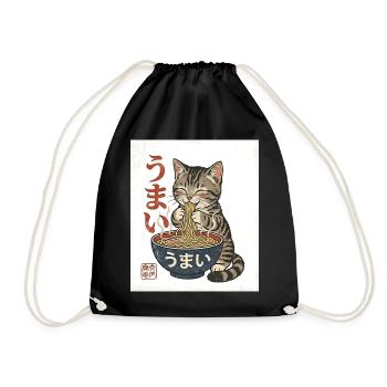 Kawaii Cat Eats Ramen – Umai Japan Retro - Drawstring Bag - black - Front
