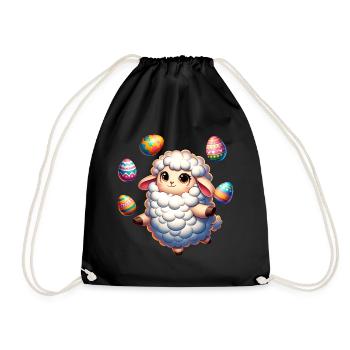 Colorful Easter Egg Juggling Lamb Cartoon - Drawstring Bag - black - Front