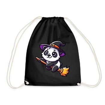 Halloween Panda Hexe Hexenbesen Süß Comic - Turnbeutel - Schwarz - Vorne