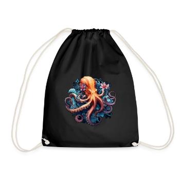 Beautiful octopus with flowers boho style - Drawstring Bag - black - Front