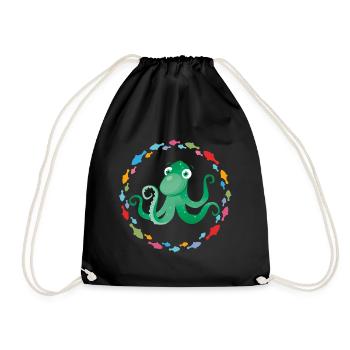 lustiger Oktopus im bunten Fischekreis - Turnbeutel - Schwarz - Vorne