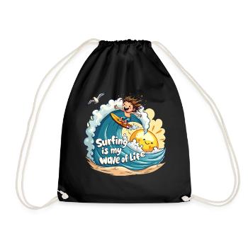Surfing is My Wave of Life – Surfer & Ozean - Turnbeutel - Schwarz - Vorne