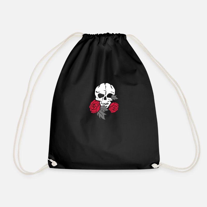 skull and rose - Drawstring Bag - black