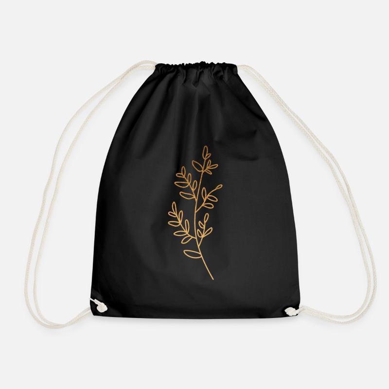 Gold Foliage Flora Line Art - Drawstring Bag - black