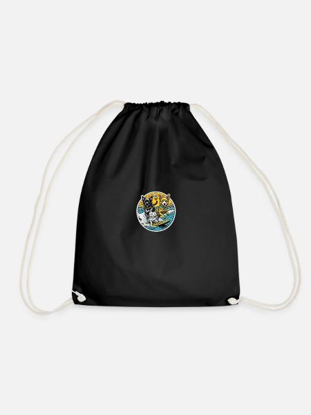 a cat and dogs surfing together: best friends - Drawstring Bag - black