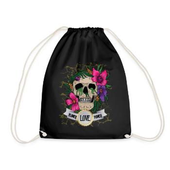 Skull skull flower rockabella - Drawstring Bag - black - Front