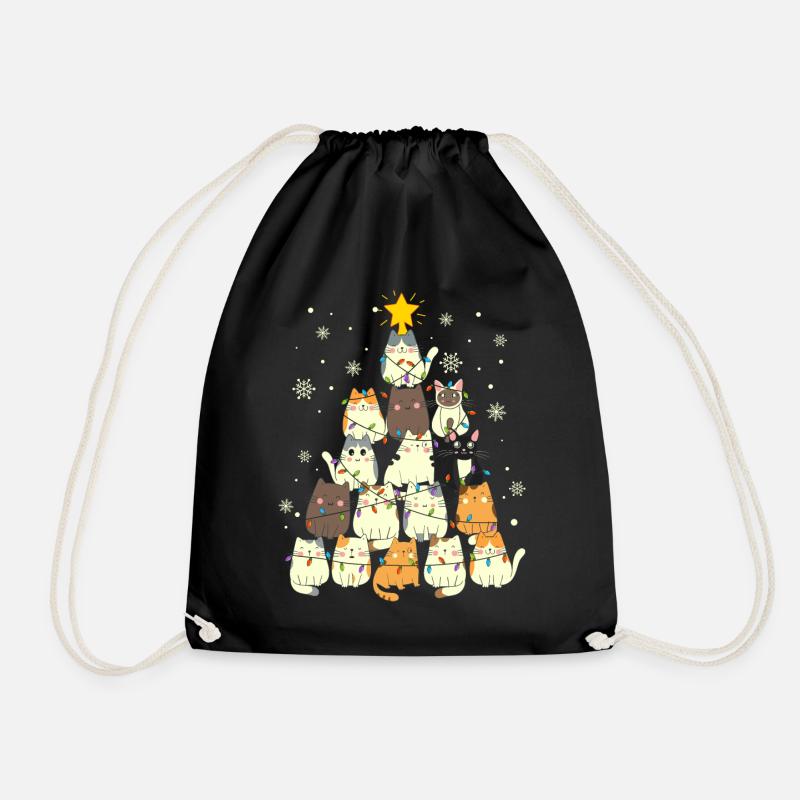 Cute Cats Christmas Tree Funny - Drawstring Bag - black