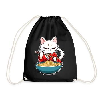 Cute Asian cat and ramen noodles - Drawstring Bag - black - Front