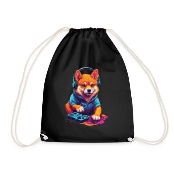 Gaming Shiba Dog Nerd with Retro Controller - Drawstring Bag - black - Front