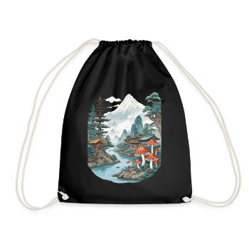 Vintage Mushroom Landscape Japan Aesthetic Design - Drawstring Bag - black - Front