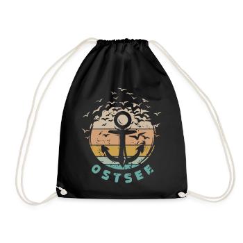 retro anchor Baltic Sea vintage sea seagulls icon logo - Drawstring Bag - black - Front