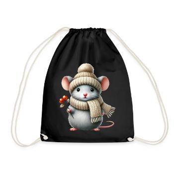 Cute mouse with a warm knitted hat and scarf - Drawstring Bag - black - Front