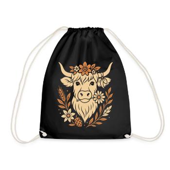 Highland Cow - Highland Beef with Flower - Drawstring Bag - black - Front