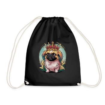 Niedlicher Pekinese mit Krone und Lillien - Turnbeutel - Schwarz - Vorne