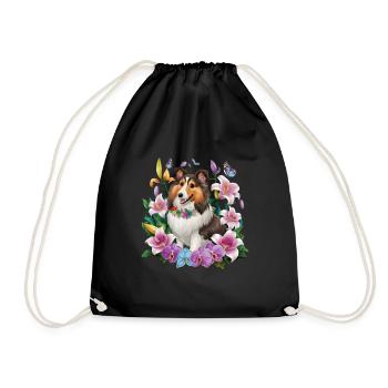 Sheltie with orchids, lilies and butterflies - Drawstring Bag - black - Front
