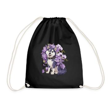 Mignon husky de dessin animé avec de jolies orchidées - Sac de sport léger - noir - Devant
