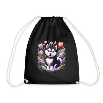 Kid Friendly Animal Motif with Cartoon Husky, Tu - Drawstring Bag - black - Front