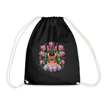 Cartoon German Shepherd with Orchids - Drawstring Bag - black - Front