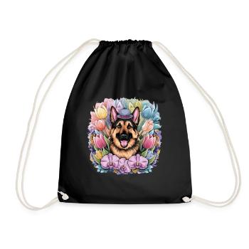 Cartoon German Shepherd with Orchids - Drawstring Bag - black - Front