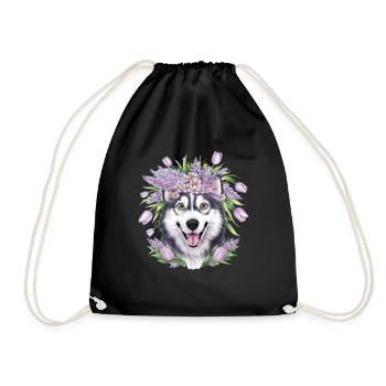 Dessin animé Husky avec des tulipes, lilas pour les fans de husky - Sac de sport léger - noir - Devant