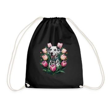Cute Dalmatian with tulips - Drawstring Bag - black - Front