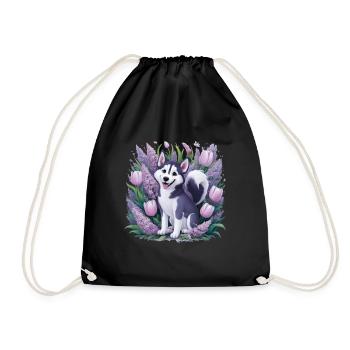 Dessin animé Husky avec des tulipes, lilas pour les fans de husky - Sac de sport léger - noir - Devant
