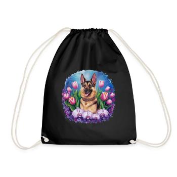 Cartoon German Shepherd with Orchids - Drawstring Bag - black - Front