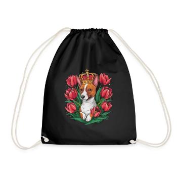 Cartoon Basenji Dog with Crown and Tulips - Drawstring Bag - black - Front