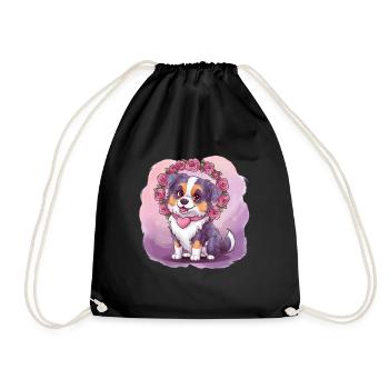 Cartoon Australischer Schäferhund mit Rosen - Turnbeutel - Schwarz - Vorne
