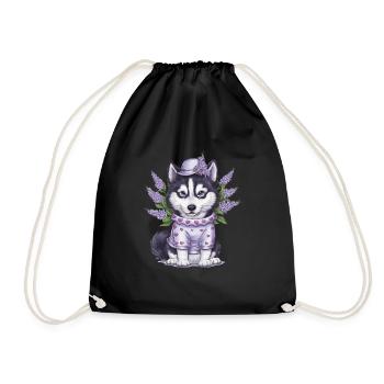 Süßer Cartoon Husky mit Flieder - Turnbeutel - Schwarz - Vorne