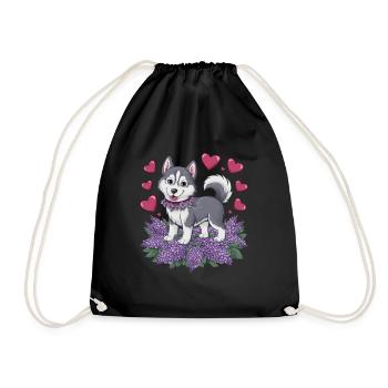 Süßer Cartoon Husky mit Flieder - Turnbeutel - Schwarz - Vorne