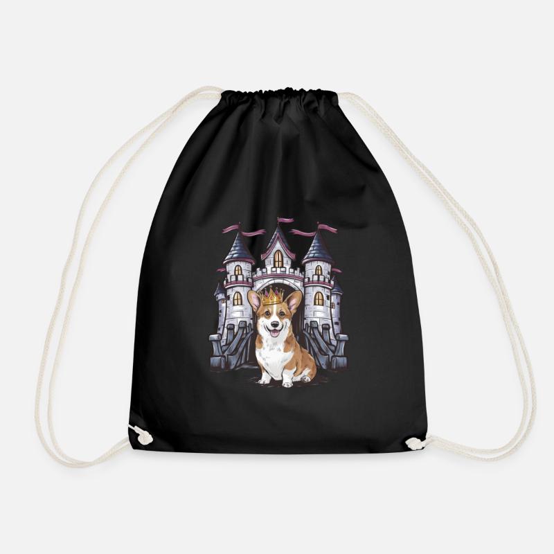 Süßer Cartoon Corgi mit Krone und Schloss - Turnbeutel - Schwarz