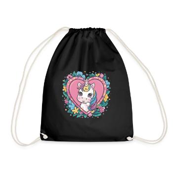 Kawaii Unicorn with Flowers and Hearts - Drawstring Bag - black - Front