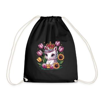 Kawaii unicorn with crown, tulips and sunflowers - Drawstring Bag - black - Front