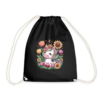 Kawaii Einhorn mit Krone, Tulpen und Sonnenblmen - Turnbeutel - Schwarz - Vorne