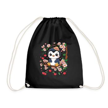 Cartoon Kawaii Pinguin mit Kirschen - Turnbeutel - Schwarz - Vorne