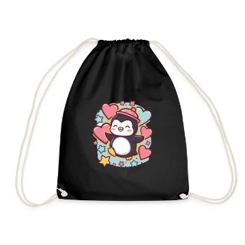 Cartoon Kawaii Pinguin mit Herzen und Sternen - Turnbeutel - Schwarz - Vorne