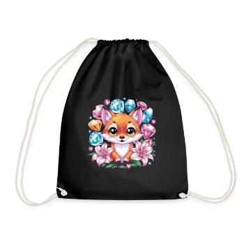 Cartoon Kawaii Fox with Colorful Flowers - Drawstring Bag - black - Front