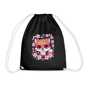 Kawaii Fox with Sakura Cherry Blossoms - Drawstring Bag - black - Front
